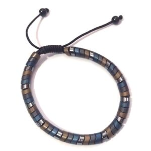 BLUE, TAN HEMATITE UNISEX BLACK CORDED SLIDER ADJUSTABLE 6.5-8.5" BRACELET